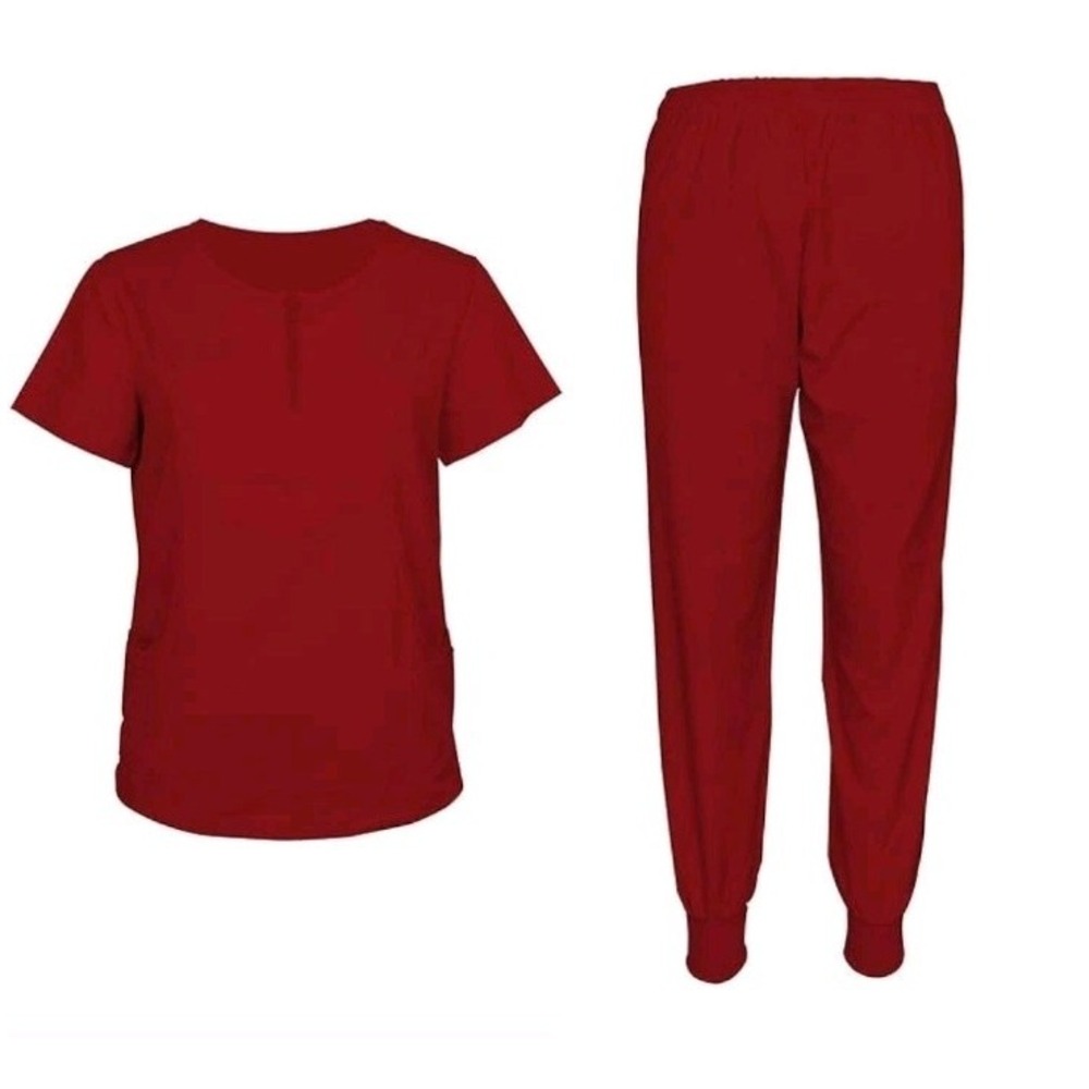 Scrub Set 1/4 Zip 4 Pocket Top Short Sleeve & Jogger Bottom for Women Small Red,